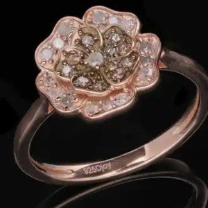 Natural Champagne and White Diamond Floral Ring in Vermeil Rose Gold Over Sterli